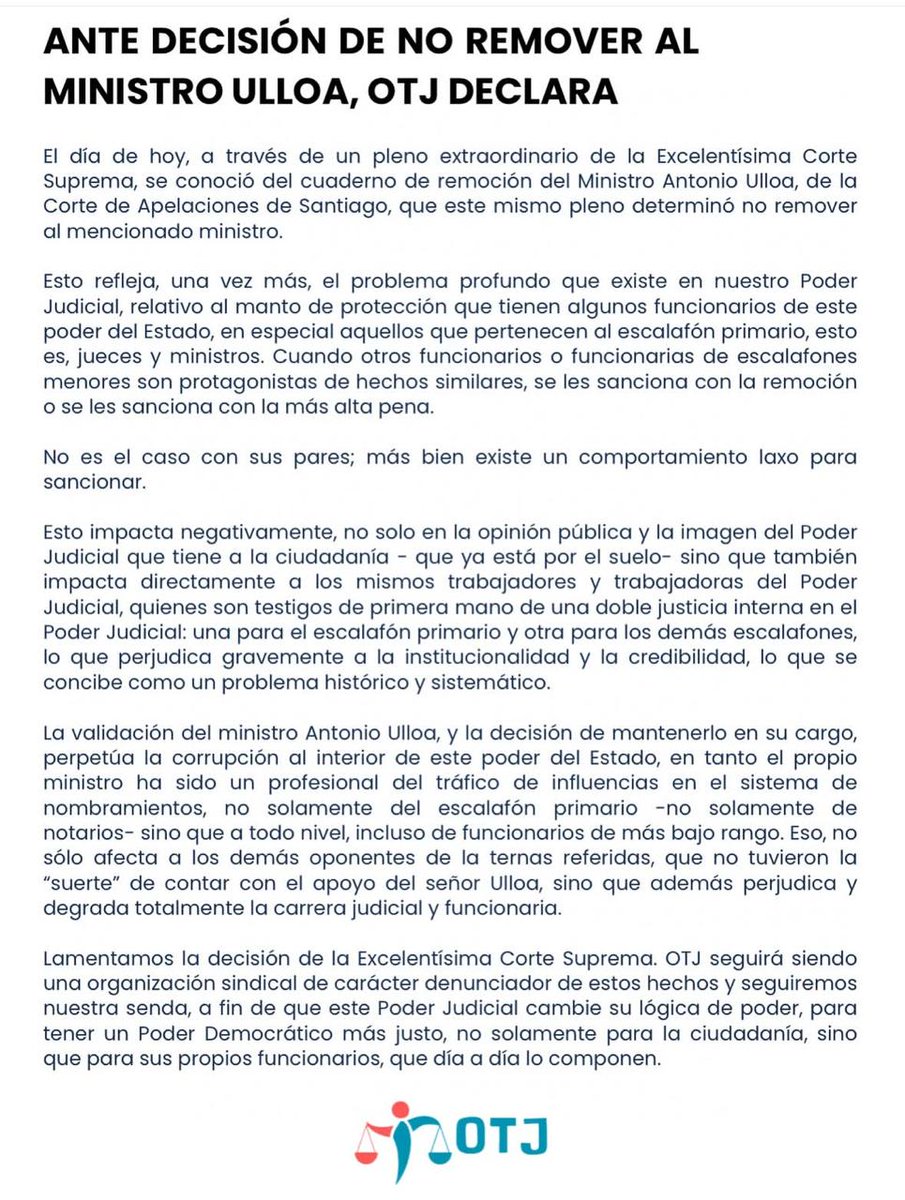 Declaración de la Organización Trabajadores/as Judiciales, OTJ, sobbre el caso Ulloa