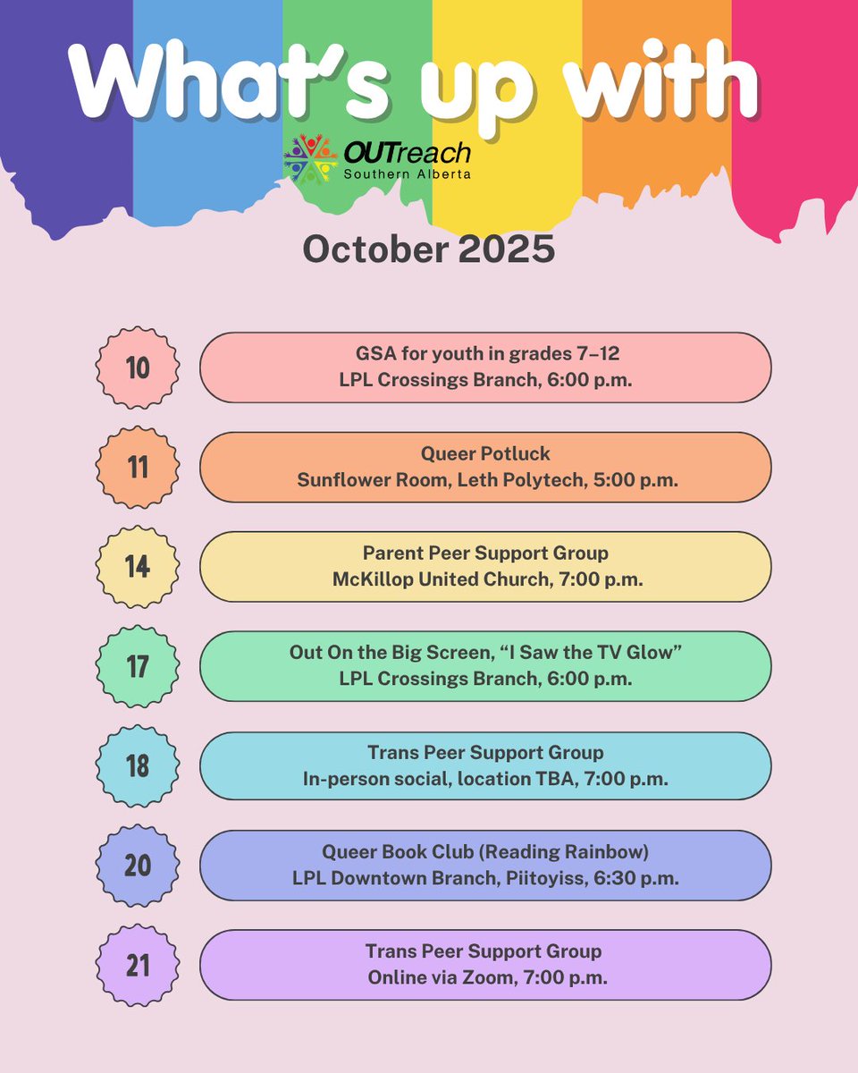 OUTreachSAB's tweet photo. What we are up to in October.

Also, we will be tabling at Pride Week breakfast at Lethbridge Polytechnic on the 22nd. https://t.co/7rLlvOnsVd