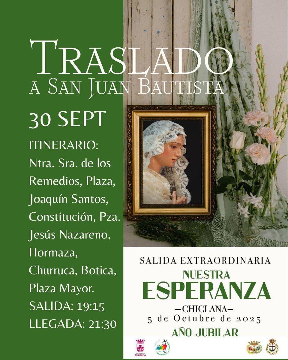 AGENDA | Hoy a las 19:15 horas, la Santísima Virgen de las Lágrimas y Esperanza partirá hacia la Iglesia Mayor Parroquial de San Juan Bautista con motivo de los actos extraordinarios relacionados a la celebración del Año Jubilar de la Esperanza.

#AñoJubilar2025 #Esperanza