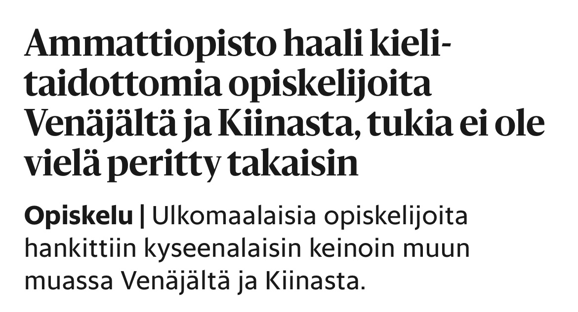 Ammattiopisto haali huterin perustein kieli­taidottomia opiskelijoita Venäjältä ja Kiinasta. 

”Opiskelijoiden haalimiseen kannustaa se, että ammattioppilaitosten valtionosuusrahoituksesta 70 % tulee vuosittaisen opiskelijamäärän mukaan.”

Vastaavaa tehdään eri puolilla maata,