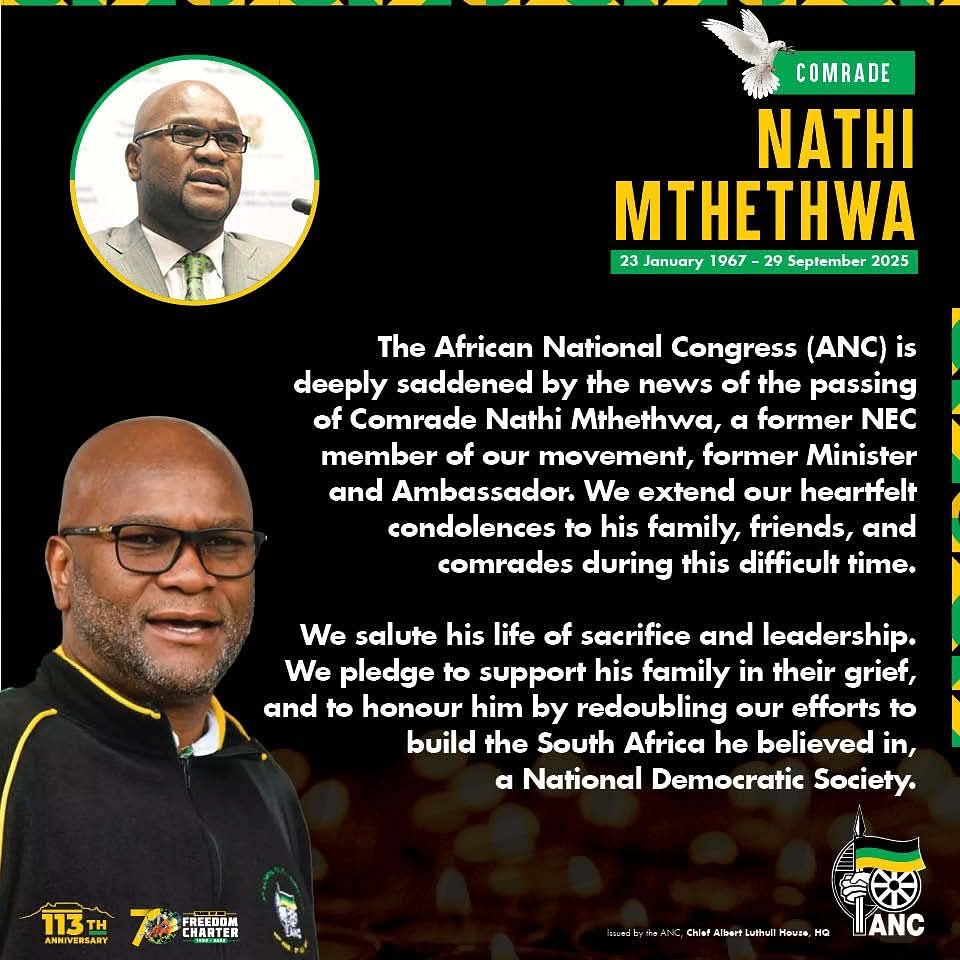 The ANC is deeply saddened by the news of the passing of Comrade Nathi Mthethwa, a former NEC member of our movement, former Minister and Ambassador. We extend our heartfelt condolences to his family, friends, and comrades during this difficult time.