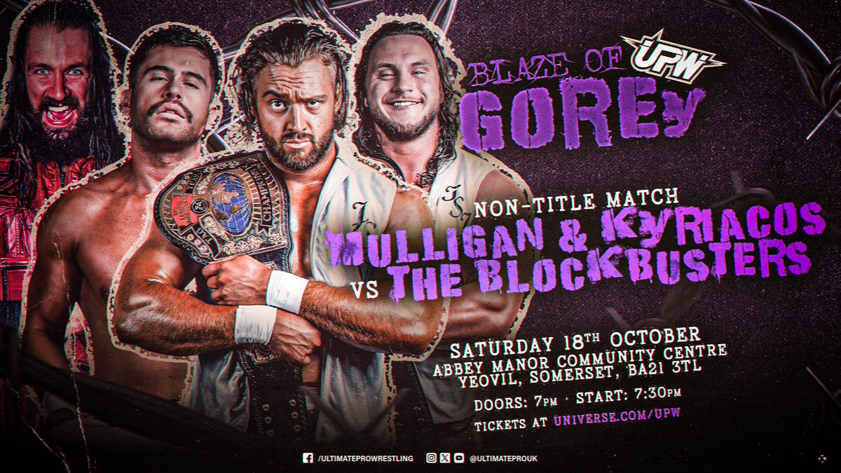 The opening match at UPW Blaze of GOREy on Saturday 18th October in Yeovil, Somerset

🚨 Less than 30 tickets left 🚨

🎟️ universe.com/upw