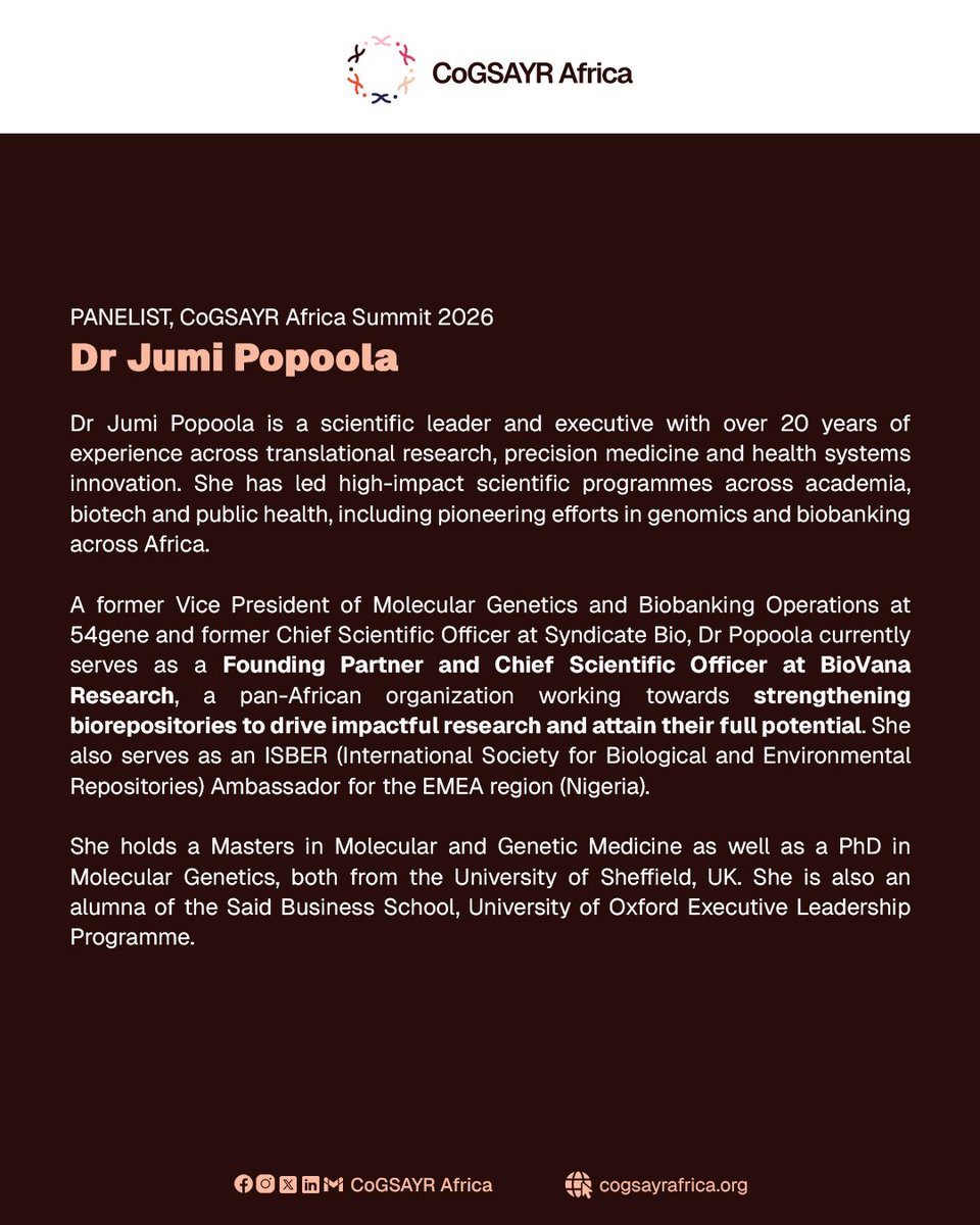 cogsayr_africa's tweet photo. Introducing Dr Jumi Popoola @jumi_popoola, one of our panelists at the #CoGSAYRSummit2026👩🏽‍🔬.

Dr Popoola has an extensive background in scientific leadership and executive management and is a Founding Partner &amp; Chief Scientific Officer at BioVana Research @BioVanaResearch. https://t.co/kMb6brJQFl