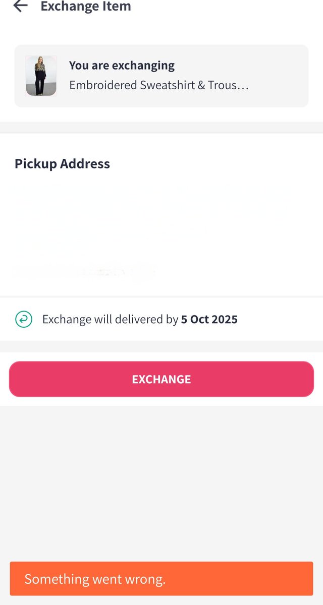rupesh_nehra's tweet photo. Hi @MyntraSupport @myntra,
For the past 48 hrs, the Exchange Item page shows “Something went wrong” whenever I try changing the product size on the Return page (screenshot attached).

Could you please fix this or extend the return window? https://t.co/mMlDSPsUO4