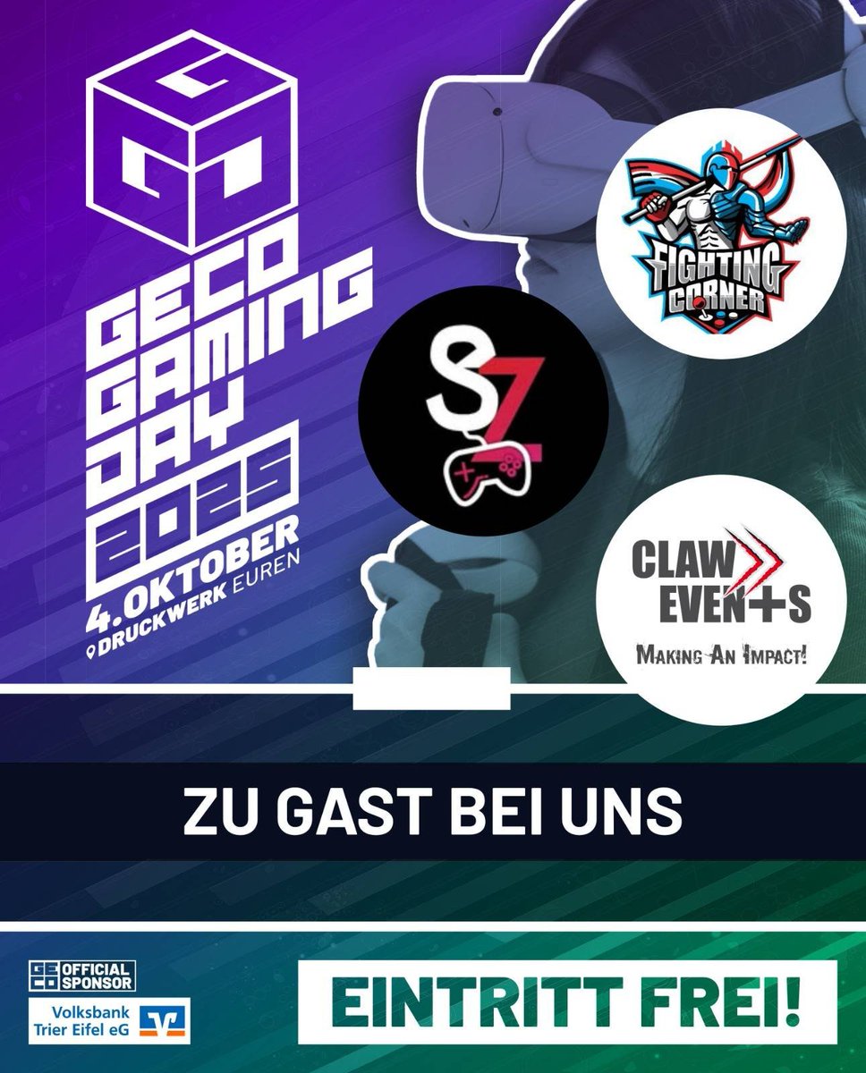 Gaming und eSports Community Trier e.V. (@gecotrier) on Twitter photo 🔥In 4 Tagen ist es soweit – der Geco Gaming Day steht an!🔥
Mit am Start sind unsere Freunde von:
🎮Claw Events
🎮Schweich zockt
🎮LuxFGC
Wir können’s kaum erwarten – diesen Samstag wird gezockt, gechillt und gefeiert! 🚀✨ 🔥In 4 Tagen ist es soweit – der Geco Gaming Day steht an!🔥
Mit am Start sind unsere Freunde von:
🎮Claw Events
🎮Schweich zockt
🎮LuxFGC
Wir können’s kaum erwarten – diesen Samstag wird gezockt, gechillt und gefeiert! 🚀✨