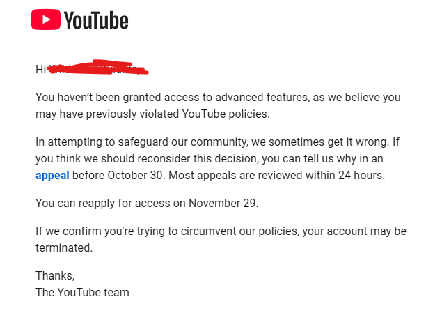 shareeAdderall's tweet photo. Hi @TeamYouTube wanting some clarity on why I got this response after trying to unlock advanced features on my new youtube channel. 

Then I filed an appeal asking I'm not sure what guidelines were violated, and I'm not clear on what's going on. https://t.co/flsS5L5pLd