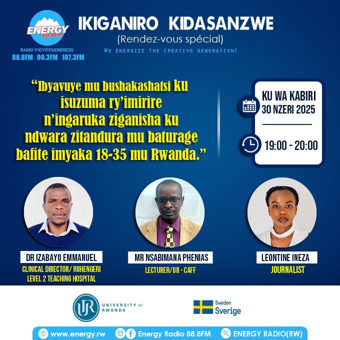 ENERGY888FM's tweet photo. Tubararikiye gukurikira ikiganiro kigaruka ku byavuye mu bushakashatsi bwakozwe na bamwe mu barimu bo muri @UR_CAVM ku isuzuma ry'imirire n'ingaruka ziganisha ku ndwara zitandura mu baturage bafite imyaka 18-35 mu Rwanda. Ni ubushakashatsi bwakorewe hose mu gihugu. 

Mwanatwumvira kuri https://t.co/BGTGmqe0MW