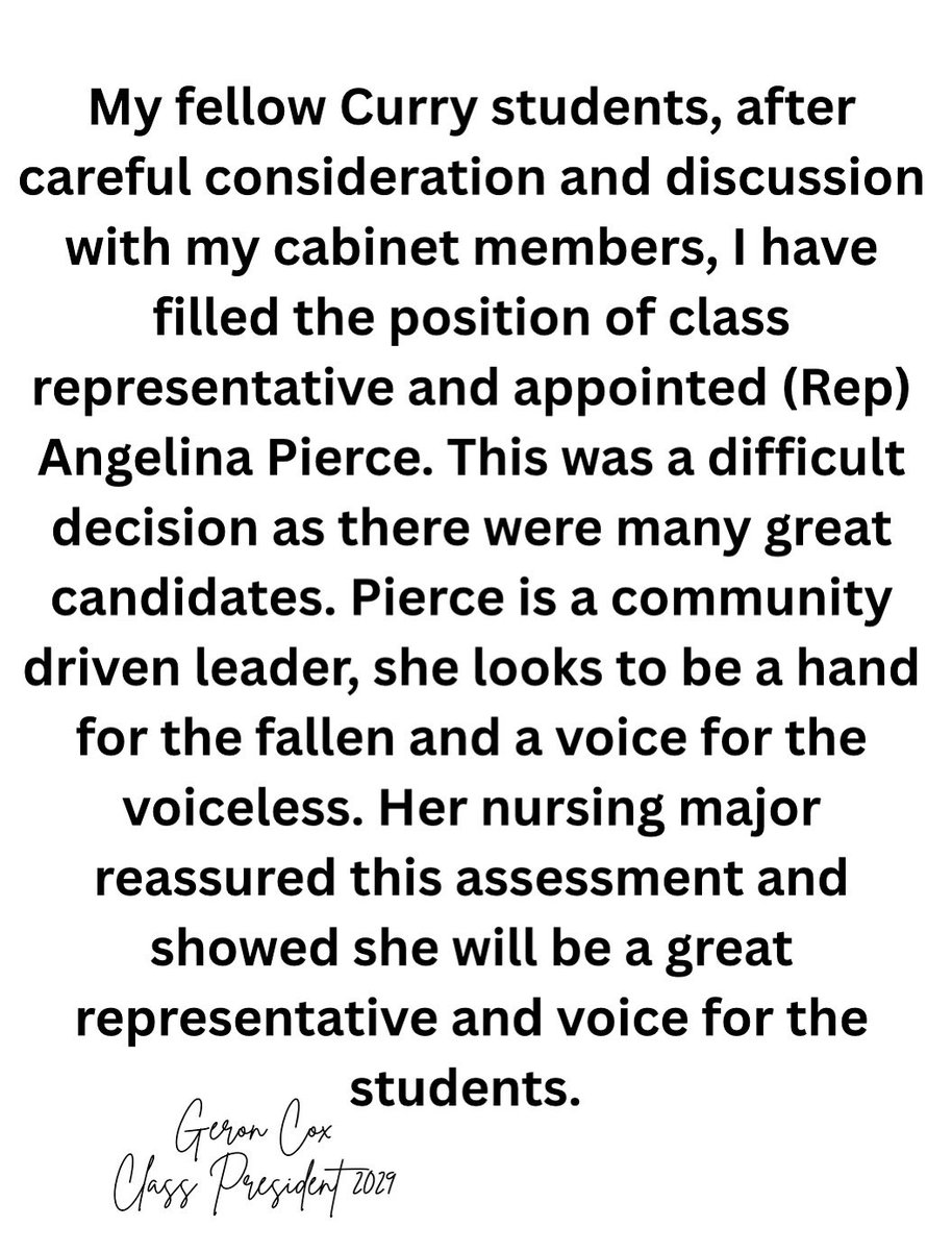 A class representative position wasn’t filled so it was up to me to appoint a representative. Me and my cabinet did a fantastic job with our interviews and making sure we pick the right person for the student body. #GeronEra