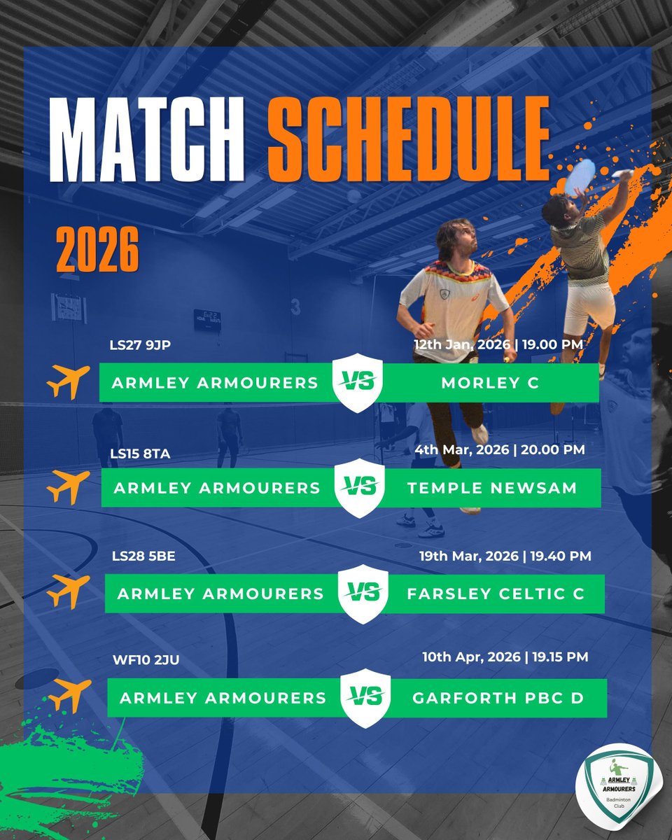 ArmleyBadminton's tweet photo. Here we are with the schedule for the Leeds District League 2025 - 2026. 🏸 💪 💪 💪 

Our squad has been diligently training throughout the summer to gear up for this season. Best wishes to everyone, and as always, we appreciate your unwavering support for the club. https://t.co/sgDL1TnIs9