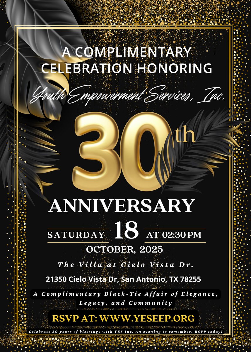 YESEEPTX's tweet photo. Everyone's invited!
RSVP NOW to save your seat(s) at a table for our 30th Anniversary Celebration Event.
Come for the stories, stay for the joy &amp; legacy! Cheers to 30 years!
📷 Oct 18 | The Villa at Cielo Vista
📷 RSVP here: https://t.co/swQm4d8h7T https://t.co/z3EL5jGReV