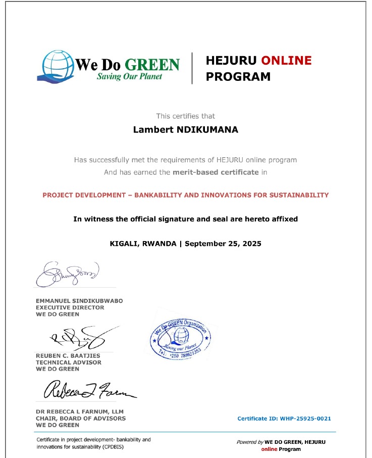 I have successfully earned a Merit-Based Certificate in Project Development – Bankability and Innovations for Sustainability from the HEJURU Online Program <a href="/WedogreenOrg/">We Do GREEN Organization</a> 
Excited to keep driving sustainable solutions

#WeDoGreen #Sustainability #Innovation #Achievements