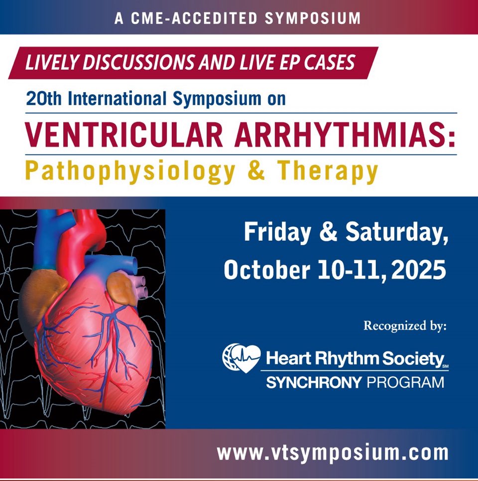 HRSonline's tweet image. Don’t miss the 20th International Symposium on Ventricular Arrhythmias, October 10–11, 2025 in Philadelphia, PA. Recognized by HRS Synchrony, this program offers state-of-the-art education, live and recorded ablation cases, international faculty, and late-breaking science.…