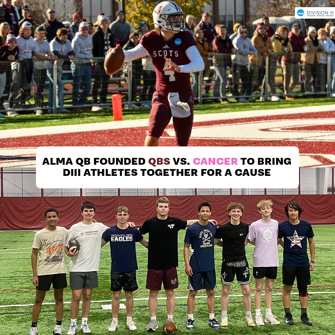 NCAADIII's tweet photo. Carter St. John, quarterback at @AlmaScotsFB, is using the skills he's best at to make a difference in the lives of others. 🏈🎗️
 
In 2024, St. John founded QBs vs. Cancer, a nonprofit organization that brings together Division III athletes to give back to local cancer organizations.

#WhyD3 | 🔗https://t.co/r9pLTE28s6