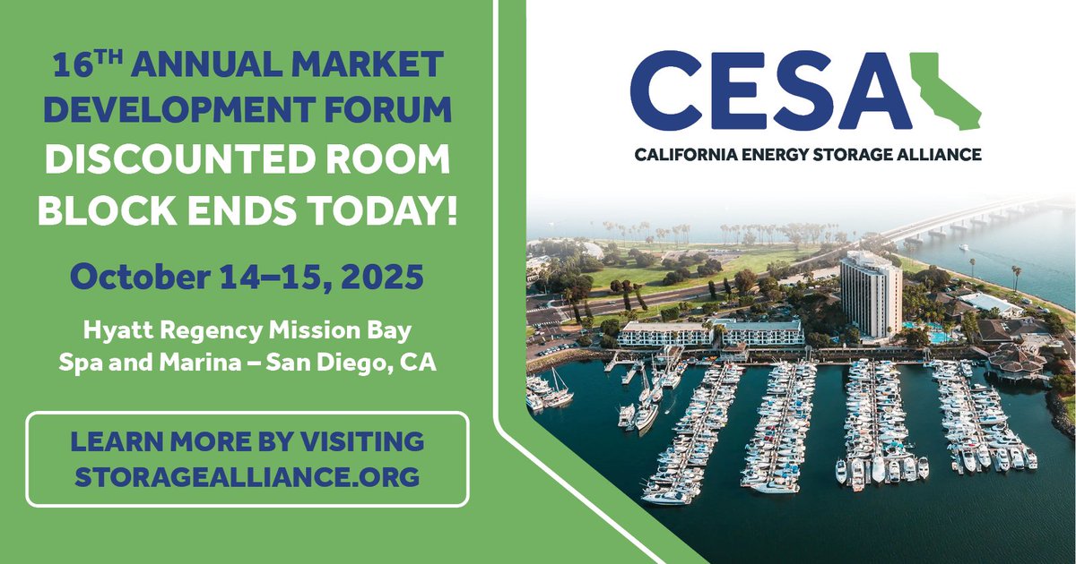 Last chance for the MDF room block. It ends today, Tue Sept 30. Book at Hyatt Mission Bay, then finish your registration. Online attendee registration closes Fri Oct 3.

Register: storagealliance.org/mdf2025

#CESAMDF #EnergyStorage