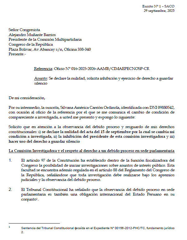 nekroRP's tweet photo. #OJO La exprocuradora Silvana Carrión pide que a la comisión del Congreso que investiga el acuerdo con Odebrecht que su presidente, Alejandro Muñante (RP), se inhiba debido a su falta de imparcialidad, citando sus múltiples adelantos de opinión @Politica_ECpe https://t.co/1LtZ1T0Kmu