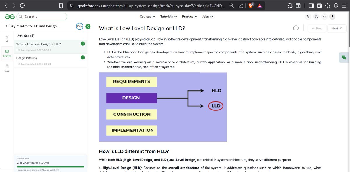 sonali__sahu's tweet photo. 📚 Day 7 - #120DaysOfSystemDesign with
@geeksforgeeks!
Explored:
- Introduction to LLD (Low Level Design)
- Design Patterns
Course Link : https://t.co/4zQB2Zphqd 
#skillupwithgfg #nationskillup https://t.co/eRmWmPcTee