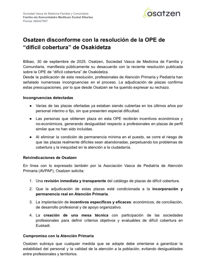Manifestamos nuestra disconformidad con la OPE de “difícil cobertura” de osakidetza