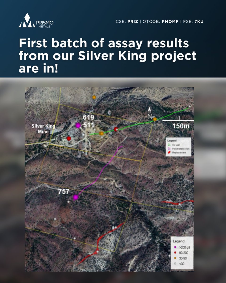 ASSAYS ARE IN from Silver King!
Highlights:
• 757 g/t Ag, 1.5% Cu, 6.7% Pb, 11.5% Zn from our new polymetallic vein
• 619 g/t Ag &amp; 511 g/t Ag from the historic mine area

Click here for the complete table of results:
🔗 loom.ly/i41y9ZU

$PRIZ #Silver #Discovery #Arizona