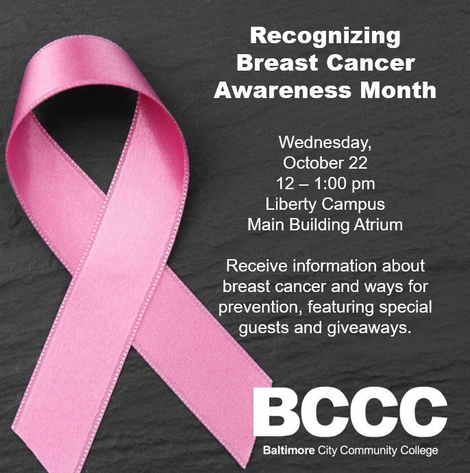 my_bccc's tweet image. Join BCCC on Wednesday, October 22 from noon - 1:00 pm at the Liberty Campus, Main Building Atrium for Recognizing Breast Cancer Awareness. Receive information about breast cancer and ways for prevention, featuring special guests and giveaways. #BCCC #BreastCancerAwarenessMonth