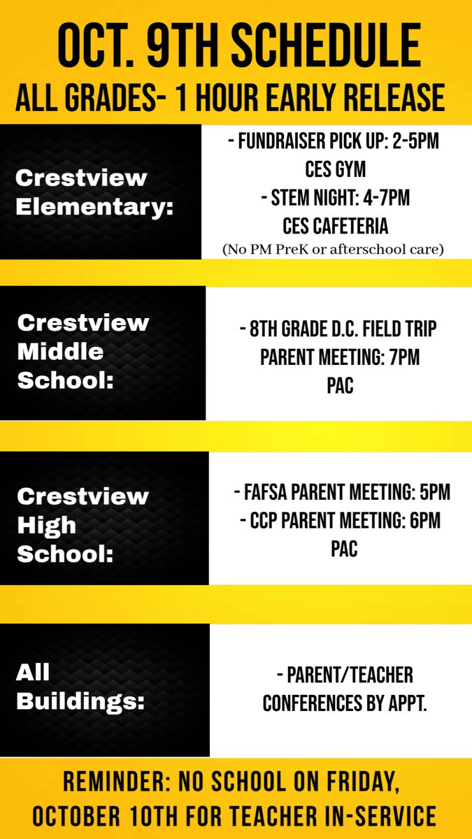 Please note, next Thursday, October 9th, Crestview Local will have a one-hour early release for student teacher conference night. In addition to conferences, we have a lot of things going on throughout the district!  Please make note of the...
crestviewlocal.k12.oh.us/quicklinks/new…