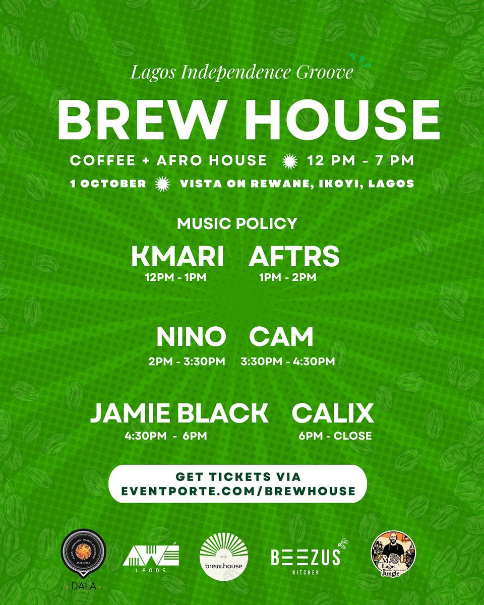Groove with us tomorrow at Brew House! 

🎧 DJ lineup: Kmari • AFTRS • Nino • Cam &amp; Calix • Jamie Black

Coffee by My Lagos Jungle
Bites from Beezus Kitchen
DALA Liqueur bringing Star-Apple magic

📅 Wednesday, October 1 • 12PM–6PM
📍 13 Alfred Rewane Rd, Ikoyi (beside FCMB,