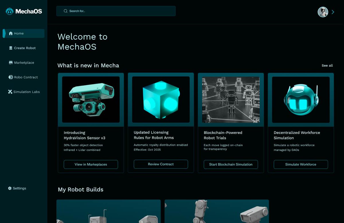 usemecha's tweet image. Sneak peek at the MechaOS platform. 
This is where autonomous robot workers are created, deployed, and managed.
 Our 3D builder lets you design modular robots with real-time visualization. 
The marketplace connects these robots to blockchain work contracts with ETH payouts.
 Each…