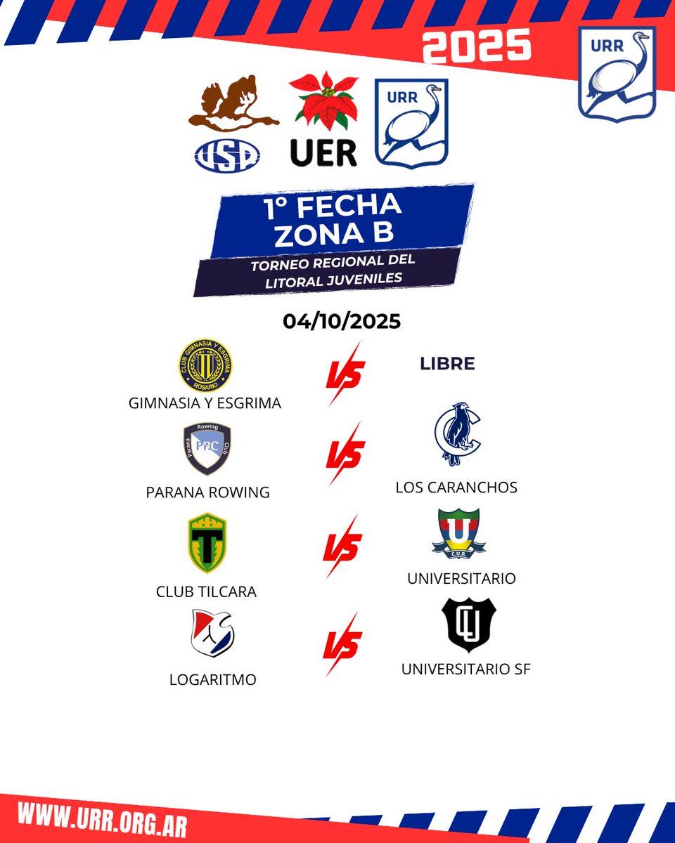 UniondeRosario's tweet photo. 🏉 Arranca el TRL Juveniles 2025
📅 Sábado 4/10
👉 Zona A
JCR vs CRAR
Estudiantes vs Atl. del Rosario
CRAI vs Duendes
Old Resian vs Santa Fe Rugby

👉 Zona B
GER vs Libre
Rowing vs Los Caranchos
Tilcara vs Universitario (R)
Logaritmo vs Universitario (SF) https://t.co/kZkR5c1uJL
