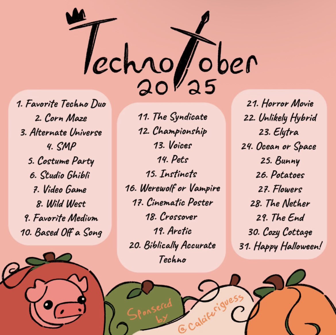 calciferiguess's tweet image. i haven’t seen one yet so‼️

heres my (definitely not self indulgent) list of prompts for technotober🐷🎃 have fun:]

#technotober #technotober2025