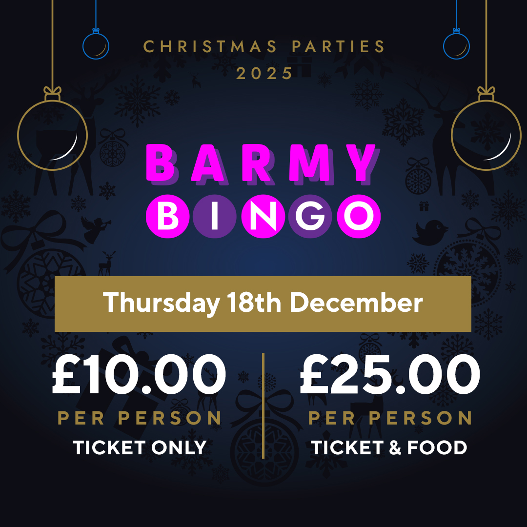 Barmy Bingo is back – Christmas edition!

🎄 Expect festive chaos, cheeky prizes &amp; non-stop laughs.

📅 Thursday 18th December | 📍 Accu Stadium
🎟 From just £10: bit.ly/46LHEKI

#BarmyBingo #ChristmasParty #AccuStadium