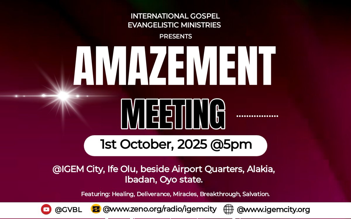 igemcity's tweet photo. Eyes have not seen, nor ears heard, the things which God hath prepared for them that love him. 1 Corinthians 2:9. Don’t miss the Amazement Meeting, your miracle is waiting! #igem #amazementmeeting #healing #deliverance #miracle #breakthrough #salvation https://t.co/01JCEbqMAP
