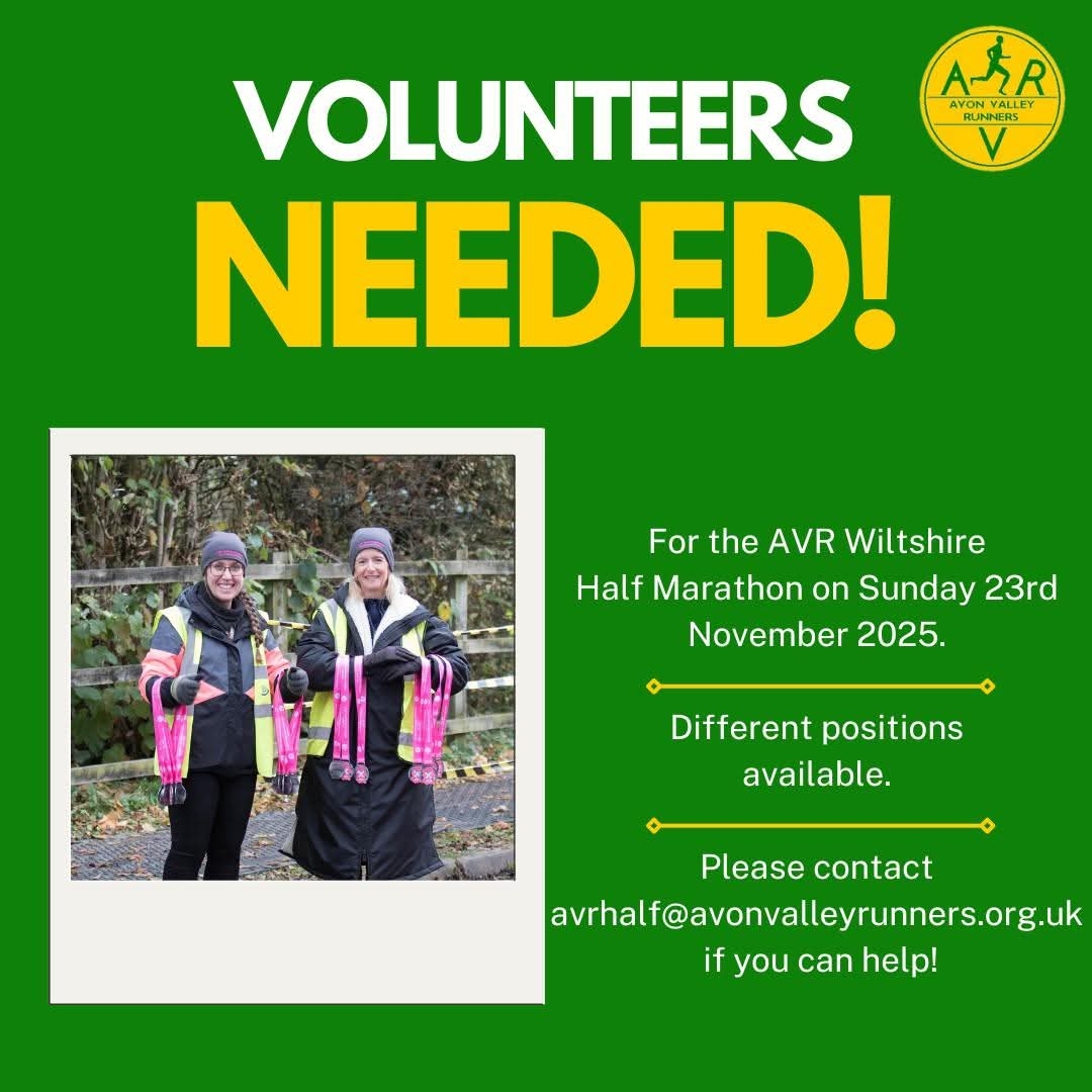 🚨 Volunteers Needed – AVR Wiltshire Half Marathon 🚨

We’re looking help on Sunday 23rd November, between 10am – 2:30pm.

📩 If you’re able to help, please email: avrhalf@avonvalleyrunners.org.uk

As a thank you, all volunteers will receive a small gift! 🎁

#volunteering