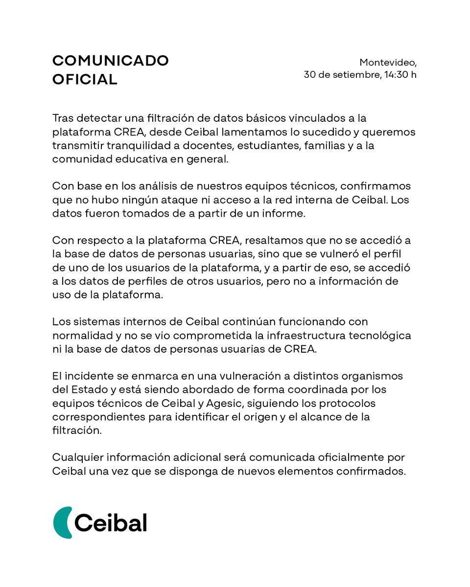 Comunicado Oficial - CEIBAL - 30 de setiembre 2025 14:30h.