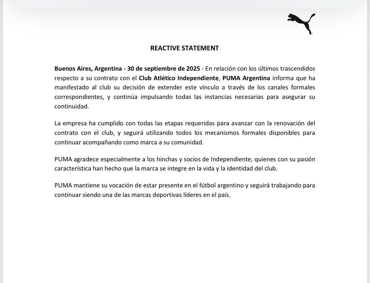 Comunicado oficial de Puma. #Independiente