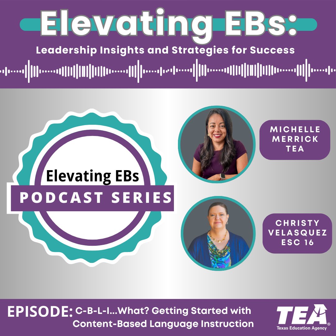 R10Multilingual's tweet image. 🎧 New podcast! Elevating EB Students breaks down Content-Based Language Instruction, classroom implementation, and leadership support. Featuring Michelle Merrick (TEA) & Christy Velasquez (Region 16). Listen on TXELead ➡️ txelead.org #EBStudents #CBLI #BilingualEd