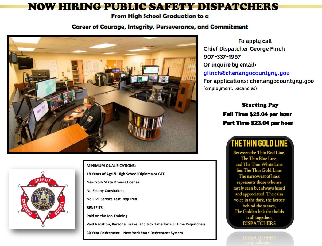 ChenangoSheriff's tweet photo. Hiring Public Safety Dispatchers  https://t.co/3MLVXchr4o https://t.co/f1eerbM2H9