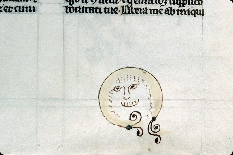 Medieval smiley face doodle. Culture: France, 14th–15th century AD (added by a later reader). Medium: brown ink on parchment; lower margin of a 13th‑century copy of Thomas Aquinas’s Summa theologiae. Collection: Musée du Verre de Conches‑en‑Ouche, MS 7.