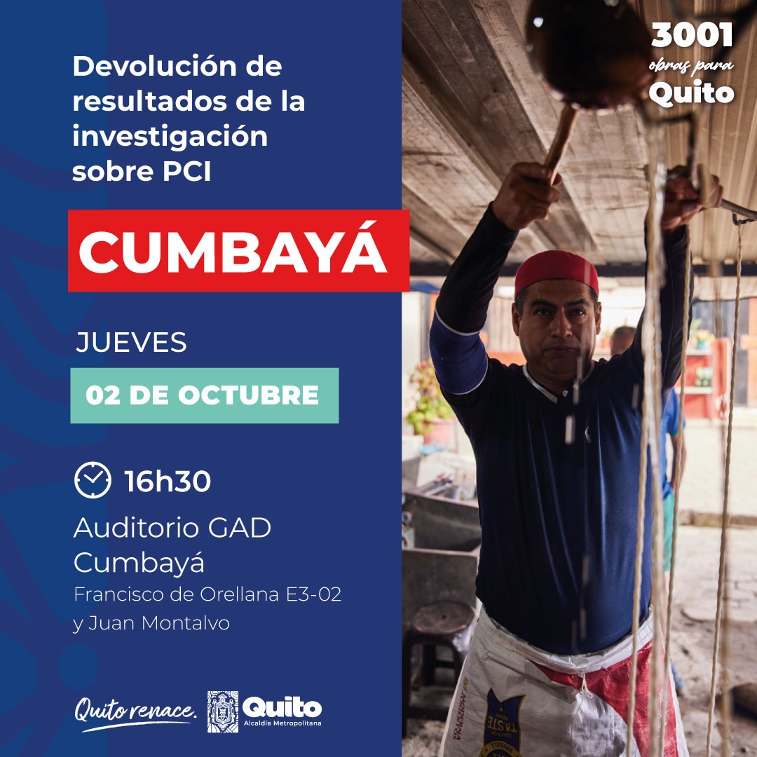 📣 ¡Atención, vecinos y vecinas de Cumbayá!
<a href="/PatrimonioQuito/">Instituto Metropolitano de Patrimonio (IMP)</a> invita al encuentro:

📜 Devolución de Resultados de la Investigación: "Elaboración y Actualización de Fichas de Registro General de Patrimonio Cultural Inmaterial en la Administración <a href="/zonaltumbaco/">Zonal Tumbaco</a>".
#GADCumbayá