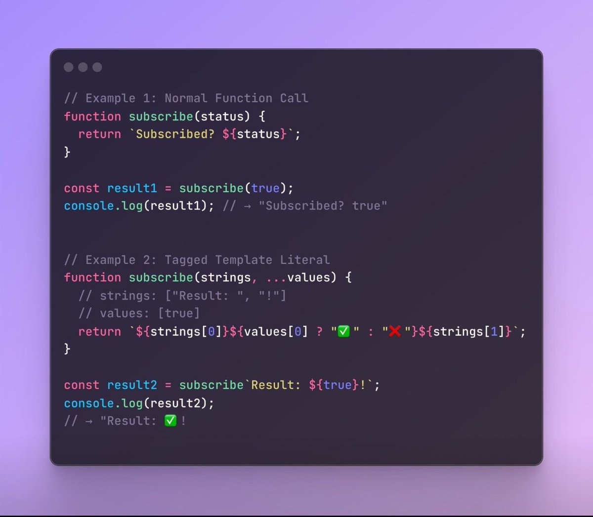 MinahilAkhtar9's tweet image. JS lets you call functions with backticks! 🤯
subscribe`Status: ${true}!`; // tagged template 🏷️
Used in styled-components to write CSS in JS 🎨
const Btn = styled.button`
background: ${p => p.primary ? "blue" : "gray"};
`;
#JavaScript #WebDev #CSSinJS 💡