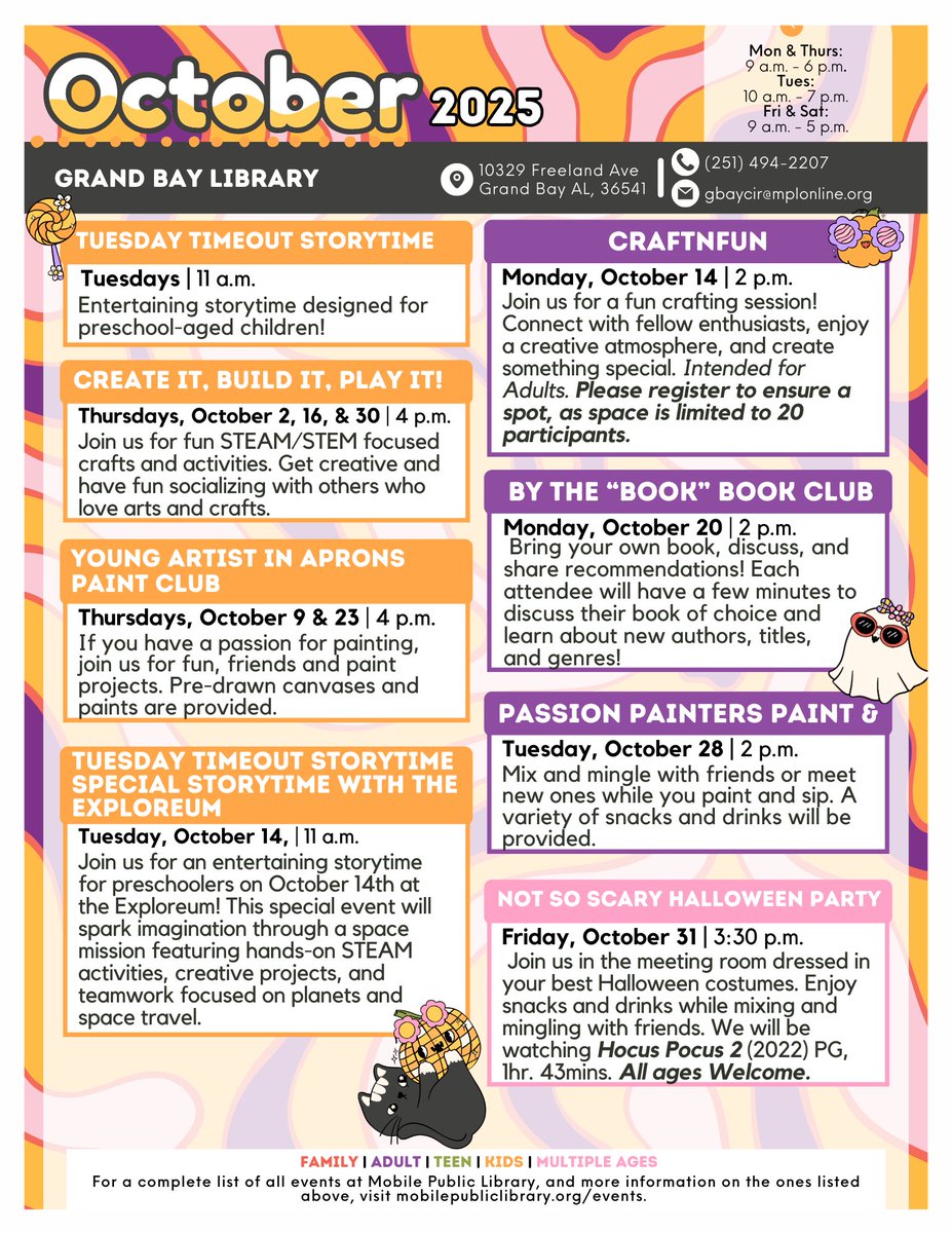 MobPubLib's tweet image. Grand Bay Library has exciting programs and events for all ages this October! #MobileAL #MobilePublicLibrary #ThingsToDoInMobileAL #LibraryEvents