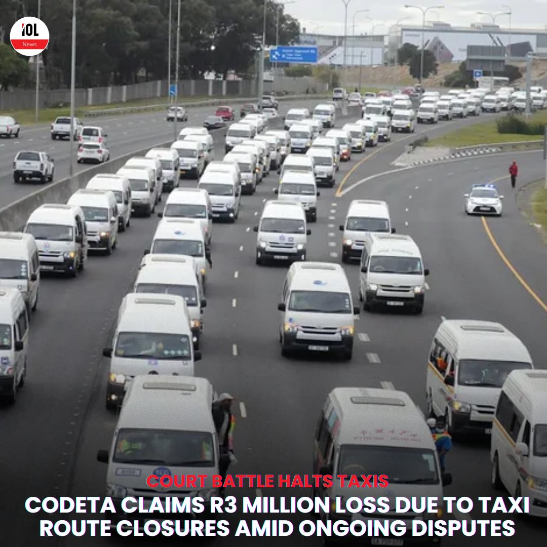 IOL's tweet image. The Cape Organisation for the Democratic Taxi Association (Codeta) has told the Western Cape High Court that commuters are suffering due to the closure of 10 contentious taxi routes.
#Codeta #TaxiStrike #WesternCape #HighCourt
Read on tinyurl.com/ythv24m3