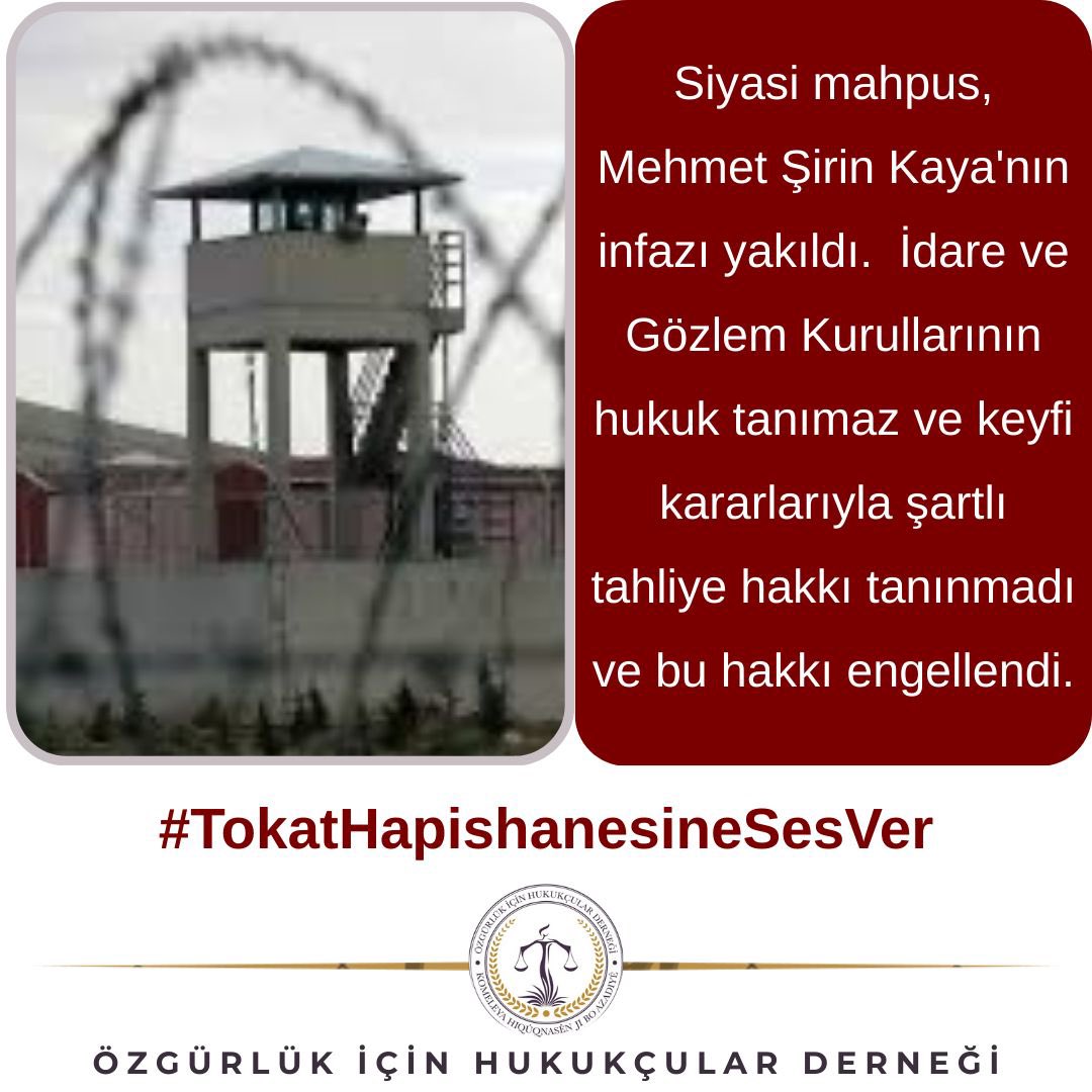 ohdamed's tweet photo. Tokat Hapishanesi İdare ve Gözlem Kurulu kurulduğu günden bu yana bütün siyasi mahpusların şartlı tahliye hakkını engelliyor. 
#TokatHapishanesineSesVer https://t.co/yGN4o9qs3c