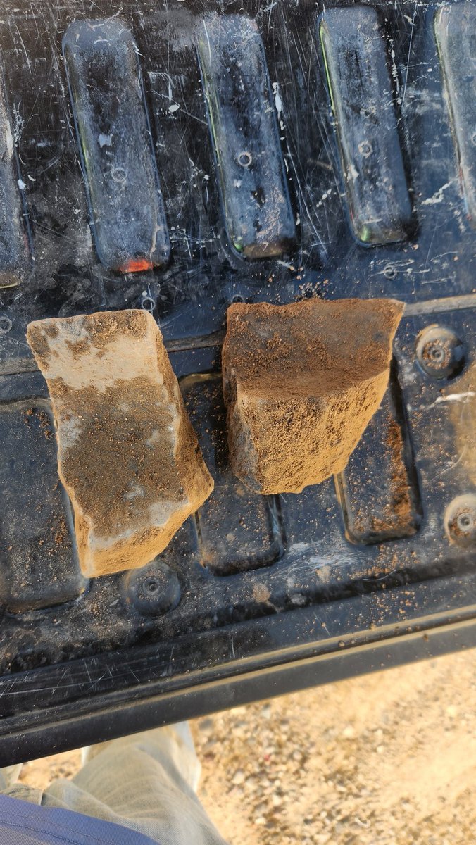 Recently recovered artifacts. The first image is a painted Hohokam ceramic sherd from 1 of possibly different broken vessels. The second is two metate fragments used by the Hohokam to ground corn and maze into flour.