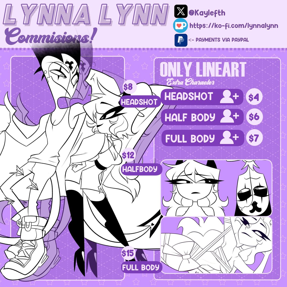 kaylefth's tweet image. My new Commission Sheet, This one in the comments will have every art style i can do and the price~ 🩷✨
~Reply are appreciated! 
#Commission #commisionsopen #Hellaverse #commissions #hazbinhotel