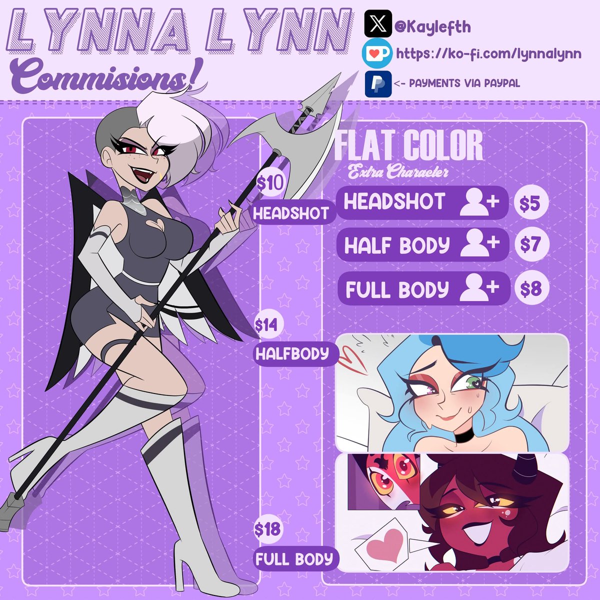 kaylefth's tweet image. My new Commission Sheet, This one in the comments will have every art style i can do and the price~ 🩷✨
~Reply are appreciated! 
#Commission #commisionsopen #Hellaverse #commissions #hazbinhotel