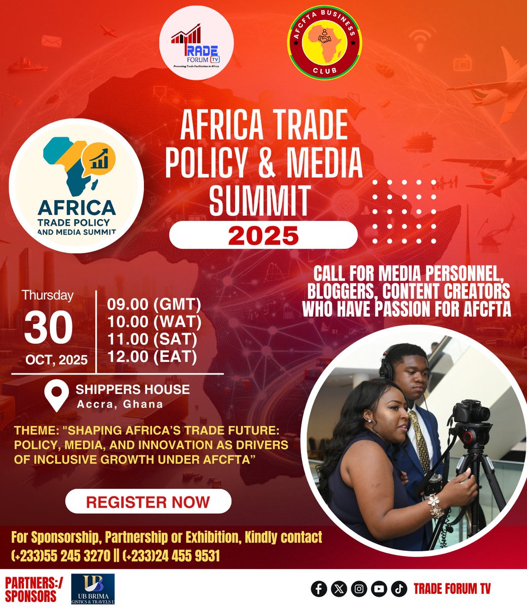 Calling all Journalists, Bloggers, Content Creators &amp; YouTubers! 🎥🖊️📸 
Be part of the <a href="/ATPMS_/">Africa Trade Policy and Media Summit</a> 2025 – where stories, policies, and trade transformation meet under #Afcfta. Don’t just report the change, be at the heart of it! 
Register now: forms.cloud.microsoft/Pages/Response…
 #ATPMS2025