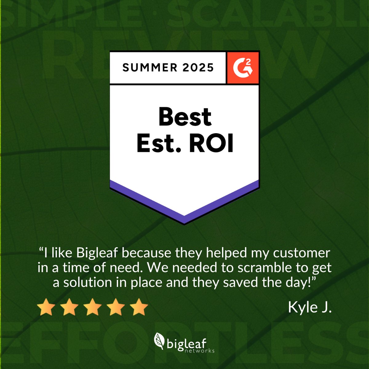💸 Fast action. Real returns.
"I like Bigleaf because they helped my customer in a time of need. We needed to scramble to get a solution in place and they saved the day!" — Kyle J.

When time is short and stakes are high, Bigleaf delivers.

#BestROI #BigleafNetworks #SDWAN