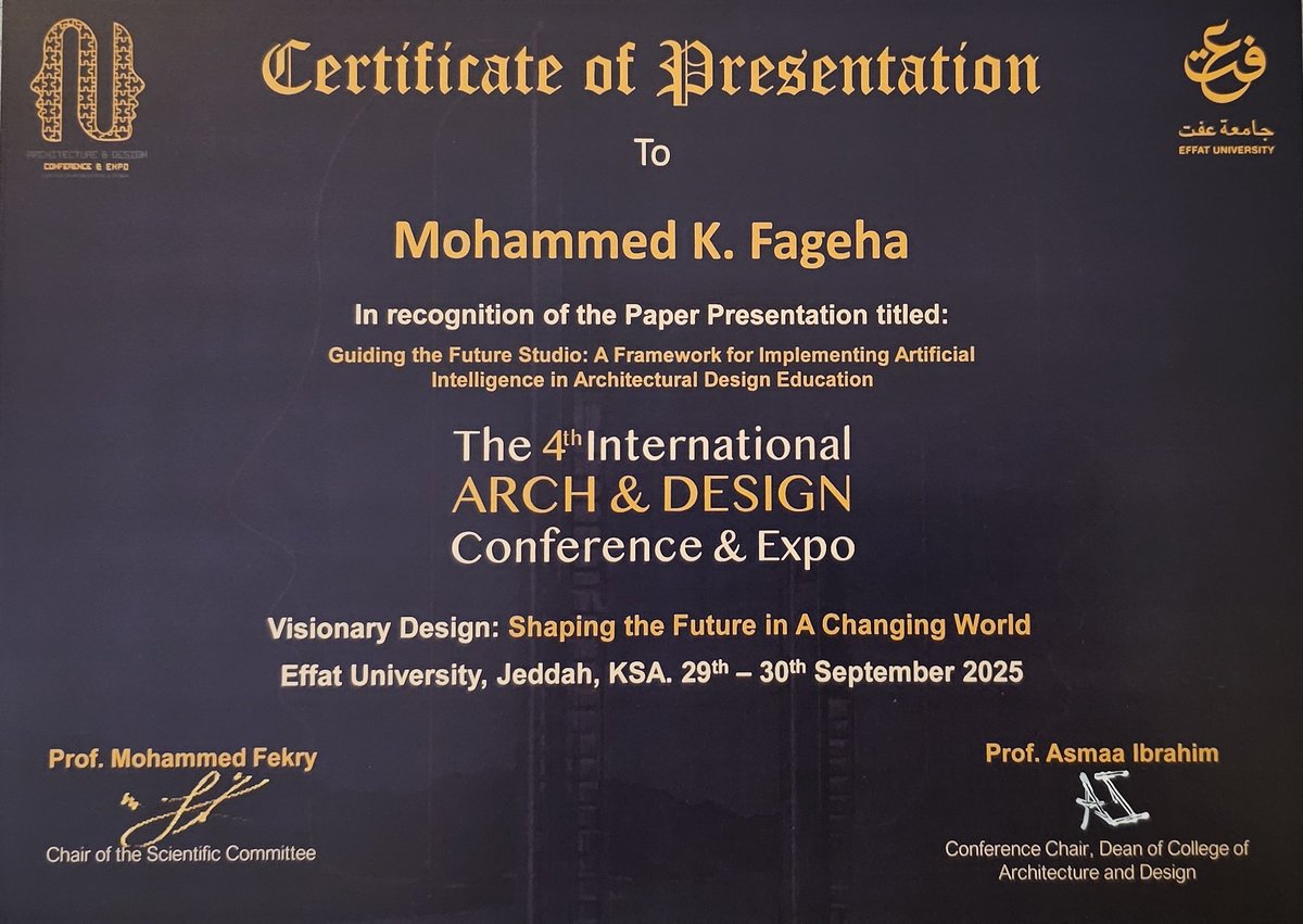 MFageha's tweet photo. Honored to present my paper “Guiding the Future Studio: A Framework for Implementing AI in Architectural Design Education” at the 4th International Architecture &amp; Design Conference &amp; Expo
Big thanks to @EffatUniversity &amp; the organizers for such an inspiring &amp; well-organized event https://t.co/7MUVItgYE1
