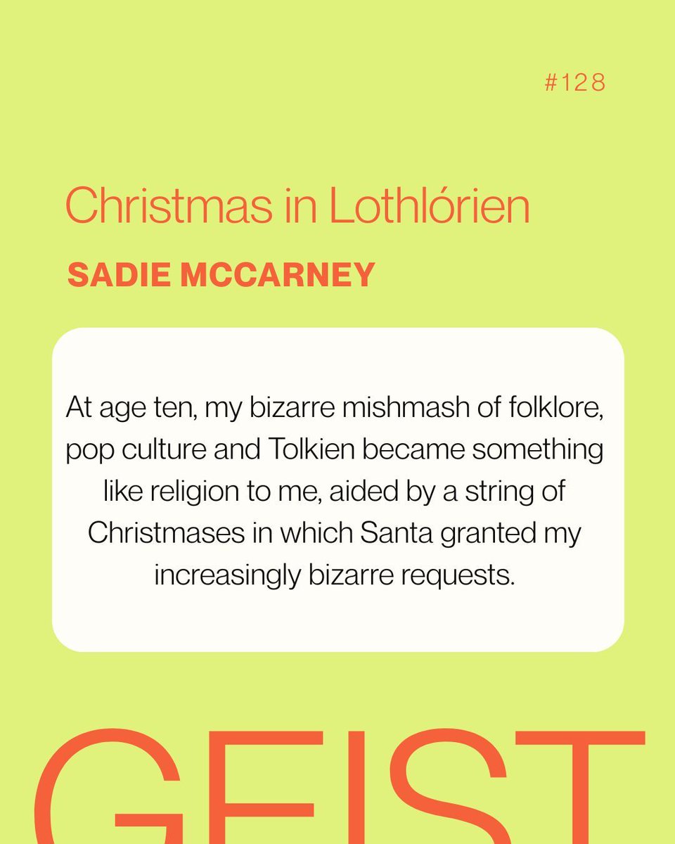 "At age ten, my bizarre mishmash of folklore, pop culture and Tolkien became something like religion to me, aided by a string of Christmases in which Santa granted my increasingly bizarre requests." –Sadie McCarney, "Christmas in Lothlórien" Geist 128

buff.ly/oHlYwuw