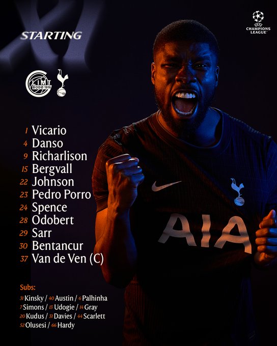 Guglielmo Vicario wearing a Tottenham Hotspur jersey with AIA and Nike logos. Pedro Porro, Rodrigo Bentancur, and Yves Bissouma also in Tottenham Hotspur jerseys. Text lists starting lineup including Vicario, Danso, Richardson, Bergvall, Johnson, Pedro Porro, Spence, Odobert, Sarr, Bentancur, and Van de Ven, with Champions League logo visible.