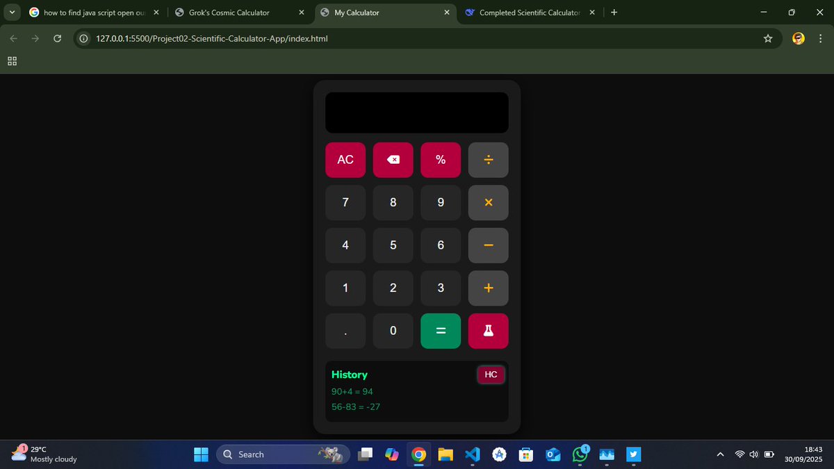 edida_young's tweet image. Day 4 of #100DaysToCode
Completed my Calculator App! 🎉💻
• Added a calculation history feature
• Implemented a clear history button
• It&apos;s fully responsive &amp;amp; handles both standard &amp;amp; scientific math.
🚀🚀🚀
Sci-Calculator App: edidayoung.github.io/100-days-of-co…
#CodeNewbie #JavaScript